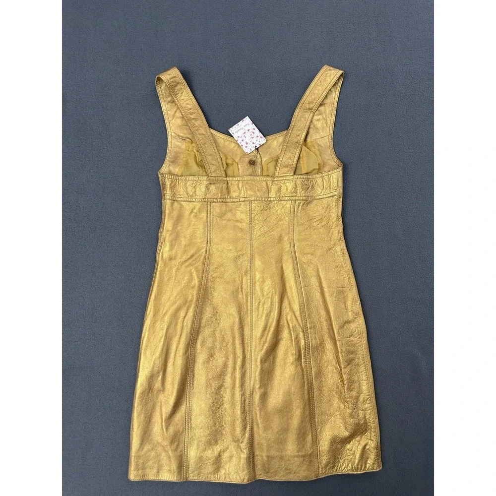 Free People Dress Womens Size 6 Goldie Mini Button Down A-Line Gold Leather $300